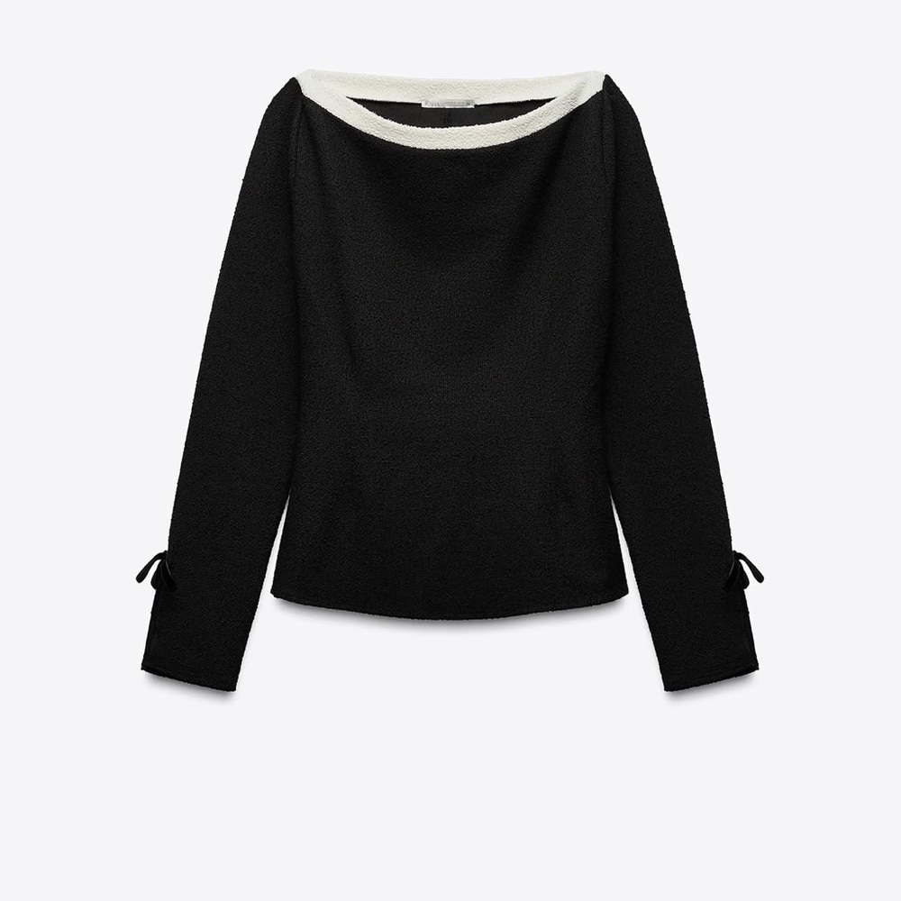 Zara Bouclé Bow Detail Boatneck Top Retro Coquette Black & White Size S NWT